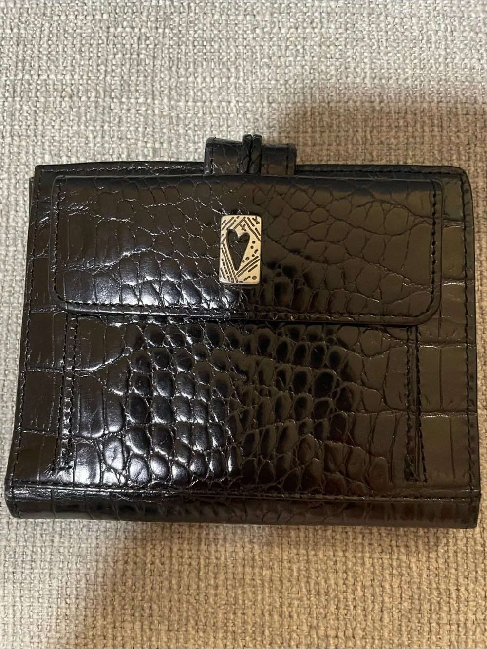 Brighton Black Woven Leather Bifold Wallet with Silver Heart Accent
